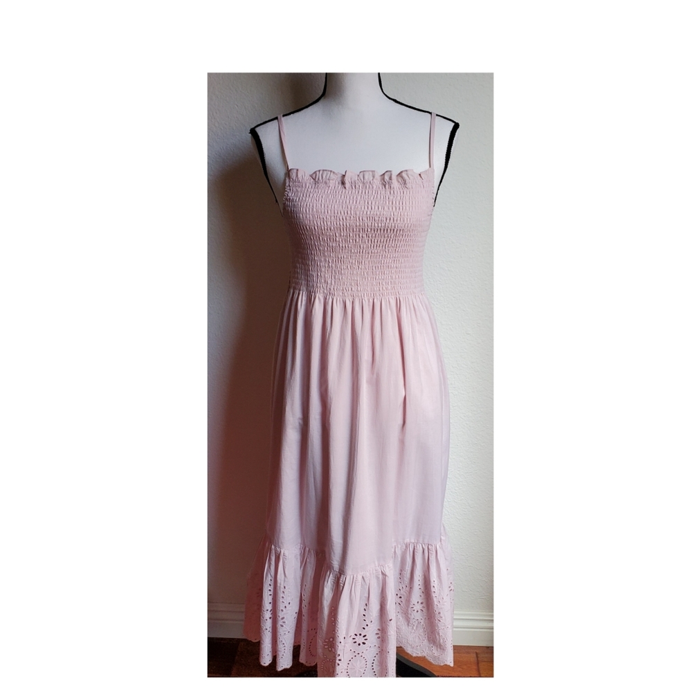 Blush Pink Smock Sleeveless Lace Hem Midi Dress L